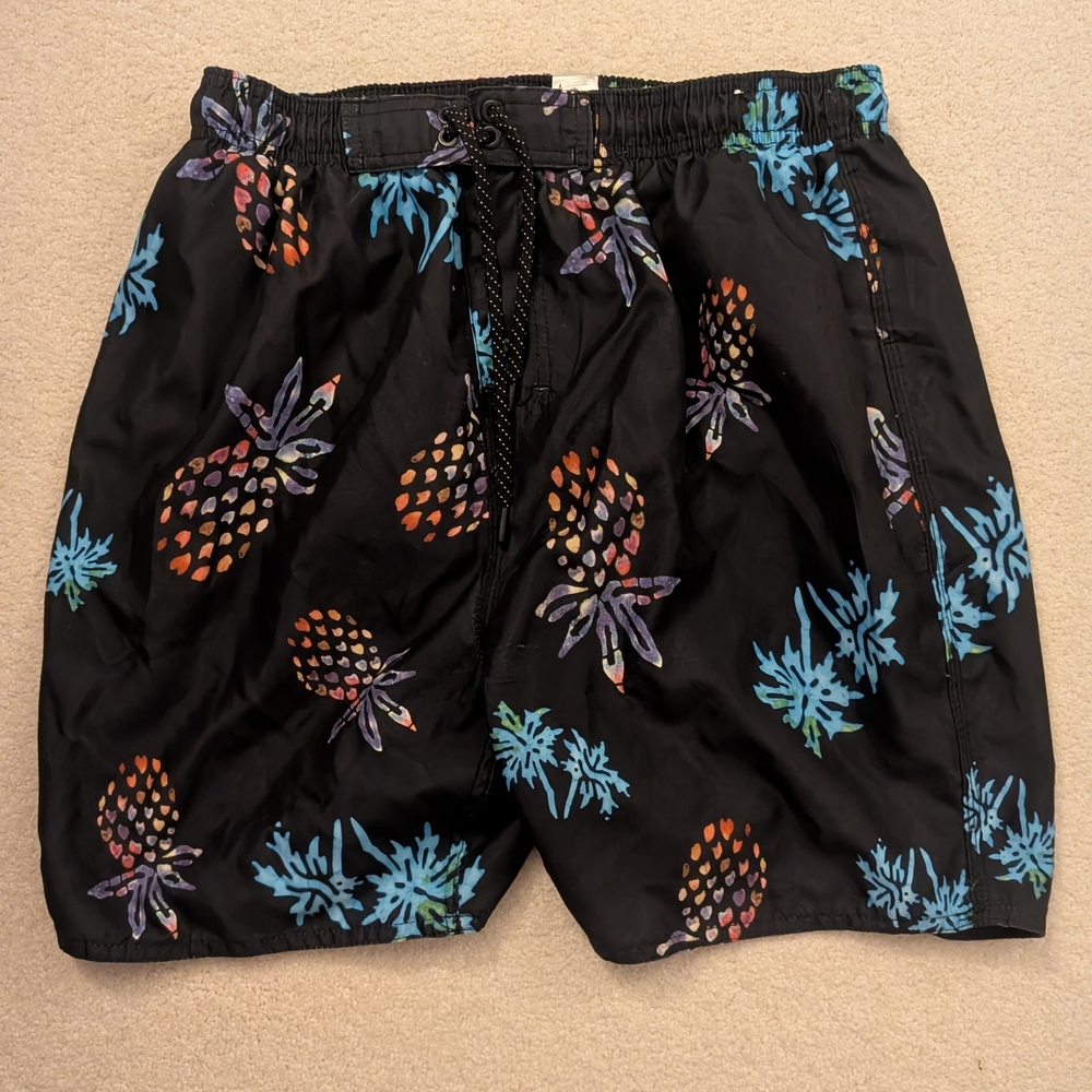 Burnside Black and Orange Swim Trunks with Tropical Flair